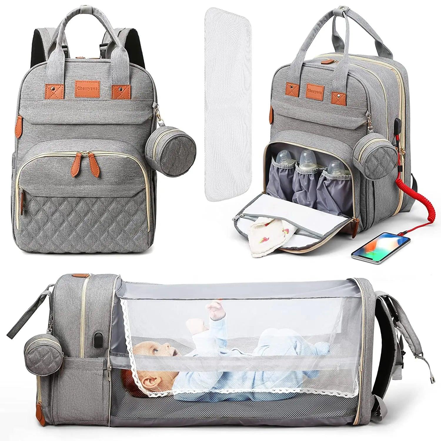 3 in 1 Diaper Bag Backpack Foldable Baby Bed Waterproof Travel Bag with USB Charge Diaper Bag Backpack with Changing Bed 3 Types - Big Ass Store