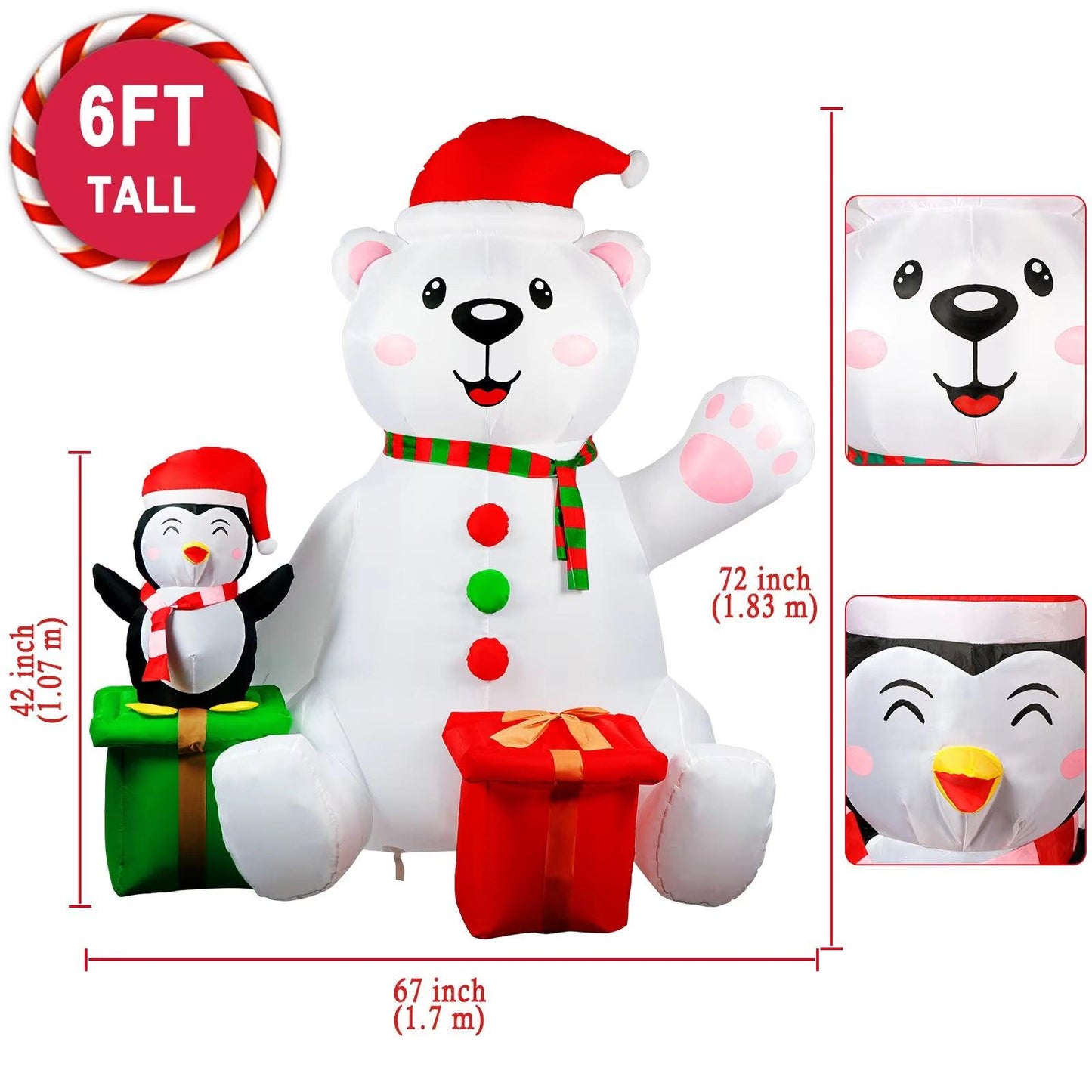 6FT Christmas Inflatable Christmas Polar Bear & Penguin Inflatable Blow Up Indoor/Ourdoor Decoration with LED Lights - Big Ass Store