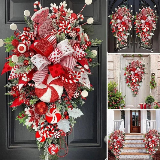 Festive 2PCS Candy Cane Christmas Wreath Set - Red & White Teardrop Swag with Ball Ornaments for Holiday Wall & Door Decor - Big Ass Store