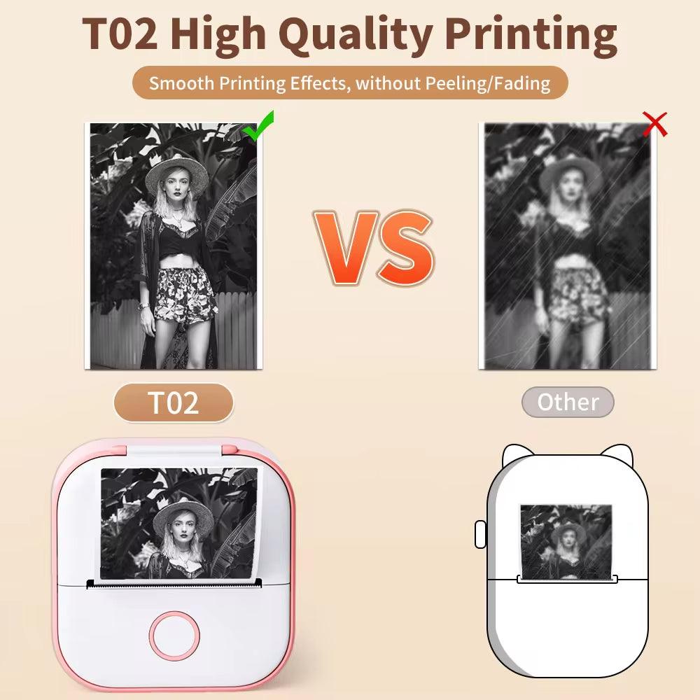 T02 Mini Printer Portable Printer Thermal Printing Sticker Wireless Inkless Pocket Printer Self-Adhesive Label Printer - Big Ass Store