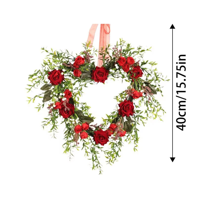 15.74" Valentine's Day Heart Flower Red Rose Floral Wreath