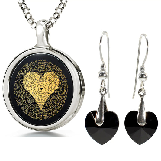 I Love You Necklace Inscribed in 120 Languages with 24k Gold on Onyx and Crystal Heart Earrings Jewelry Set - Big Ass Store